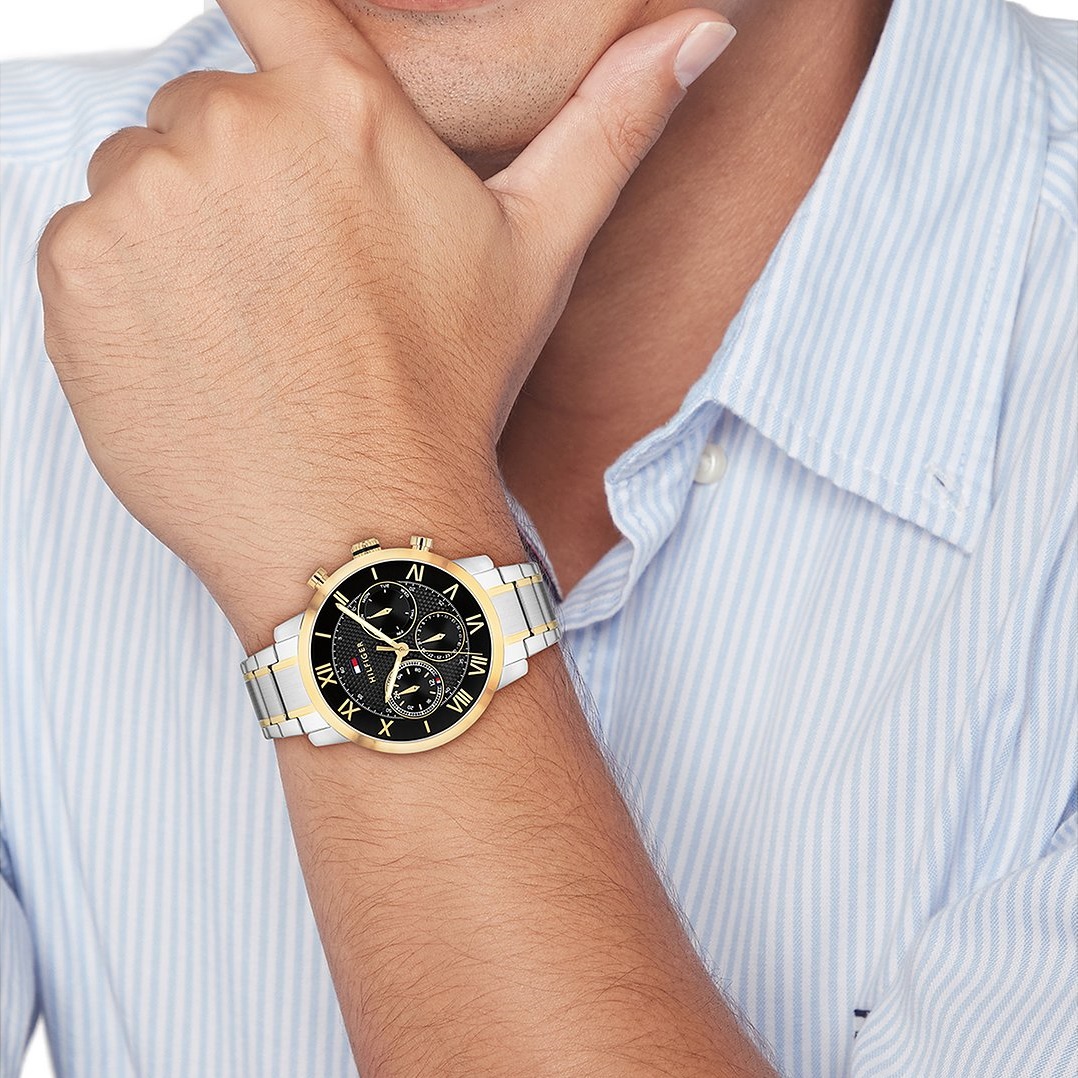 TOMMY HILFIGER Oxford Multifunction Black Dial 42mm Two Tone Gold Stainless Steel Bracelet 1710729 - 