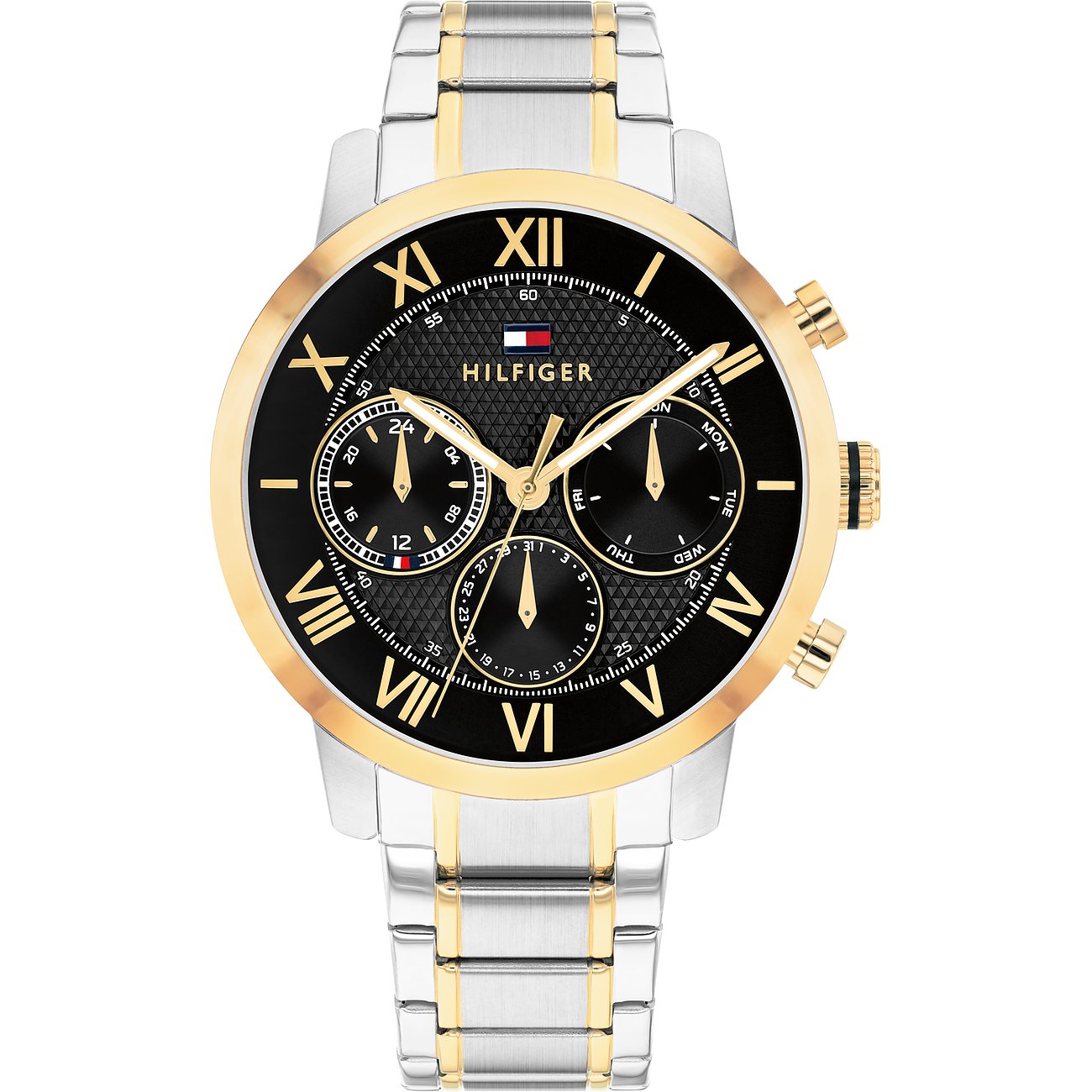 TOMMY HILFIGER Oxford Multifunction Black Dial 42mm Two Tone Gold Stainless Steel Bracelet 1710729 - 