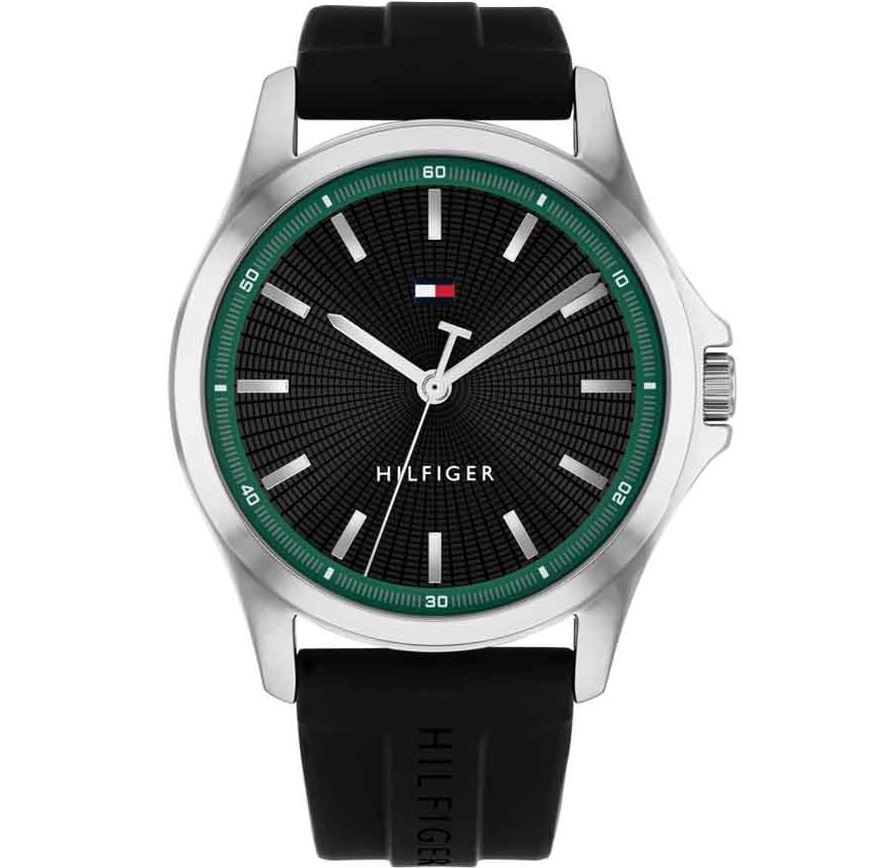TOMMY HILFIGER Bruce Black Dial 43mm Silver Stainless Steel Black Rubber Strap 1710739 - 