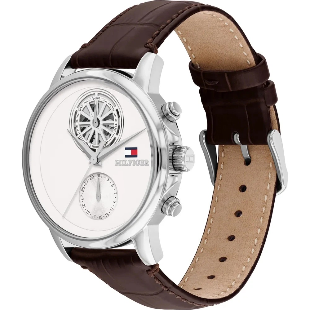 TOMMY HILFIGER Stewart Multifunction White Dial 40mm Silver Stainless Steel Brown Leather Strap 1710746 - 