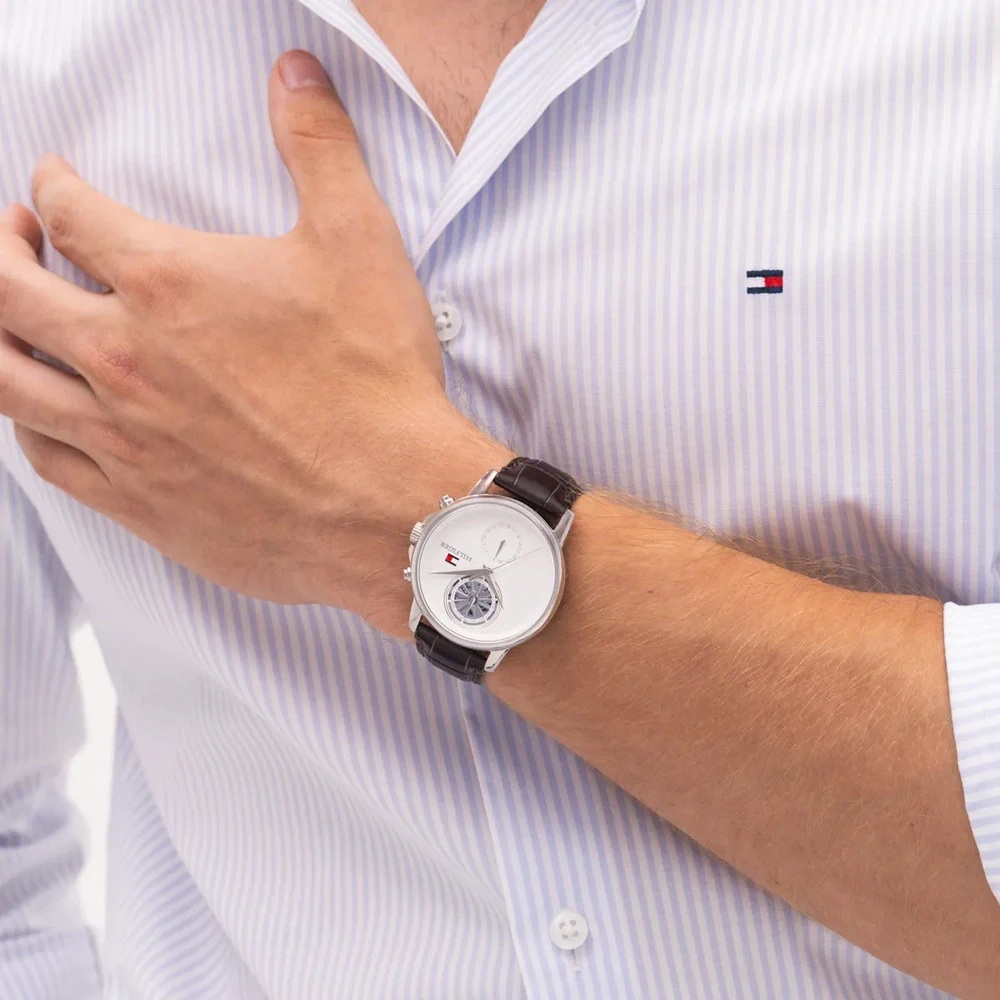 TOMMY HILFIGER Stewart Multifunction White Dial 40mm Silver Stainless Steel Brown Leather Strap 1710746 - 4