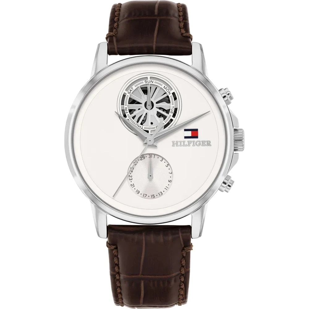 TOMMY HILFIGER Stewart Multifunction White Dial 40mm Silver Stainless Steel Brown Leather Strap 1710746 - 
