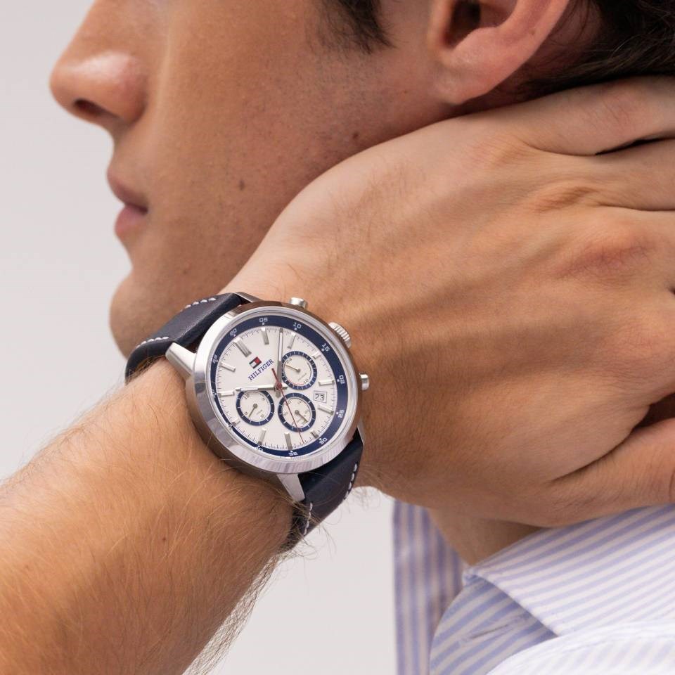 TOMMY HILFIGER Kent Chronograph White Dial 43mm Silver Stainless Steel Blue Leather Strap 1710751 - 