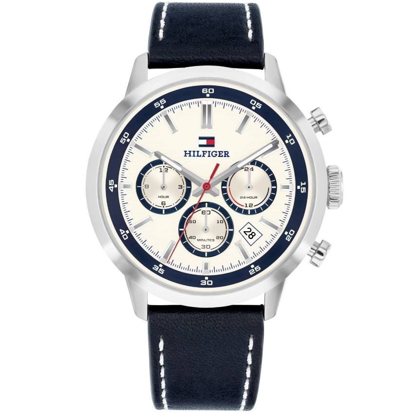 TOMMY HILFIGER Kent Chronograph White Dial 43mm Silver Stainless Steel Blue Leather Strap 1710751 - 