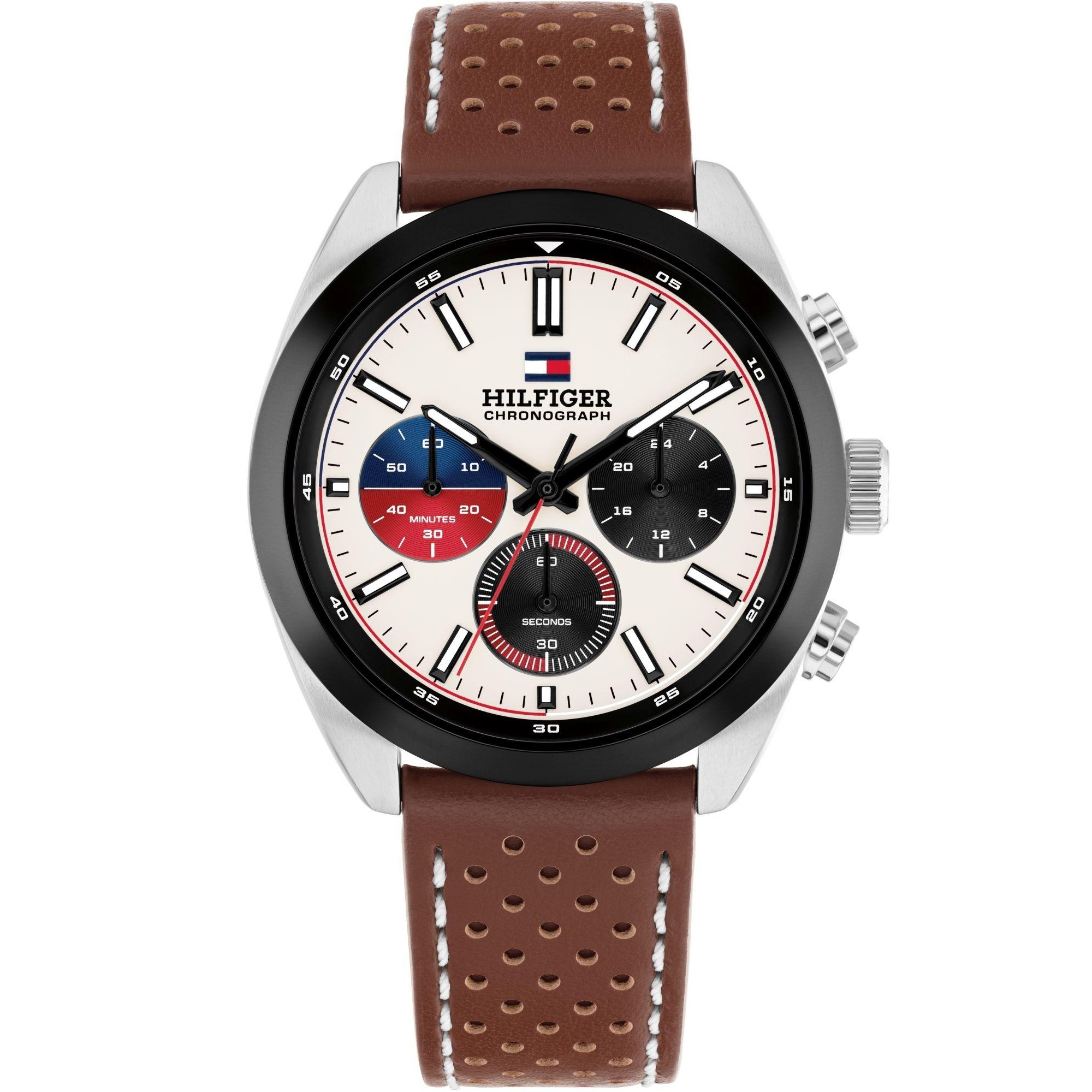 TOMMY HILFIGER Hudson Multifunction White Dial 40mm Silver Stainless Steel Brown Leather Strap 1710765 - 