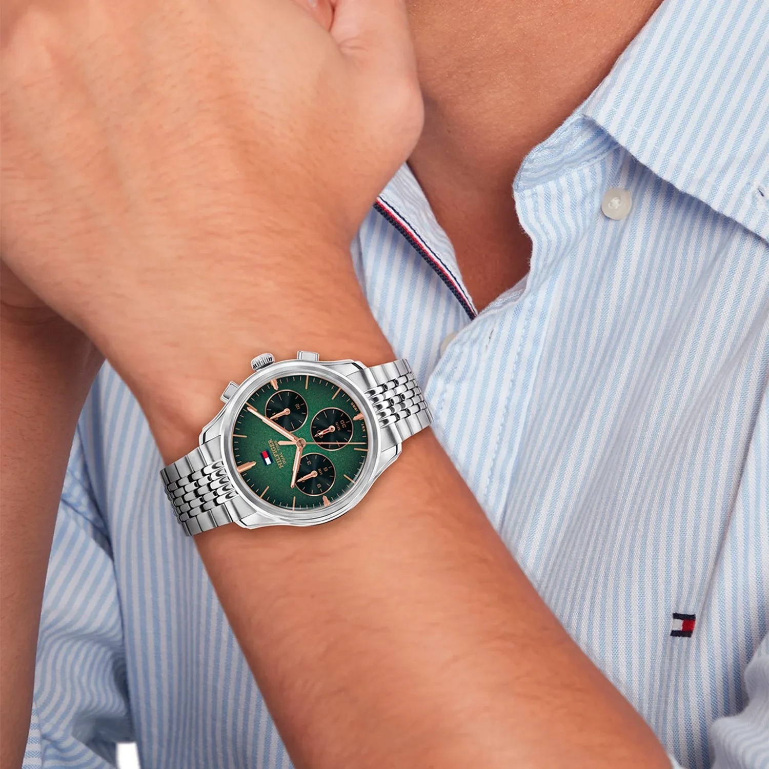 TOMMY HILFIGER Bryant Dual Time Green Dial 38mm Silver Stainless Steel Bracelet 1710813 - 
