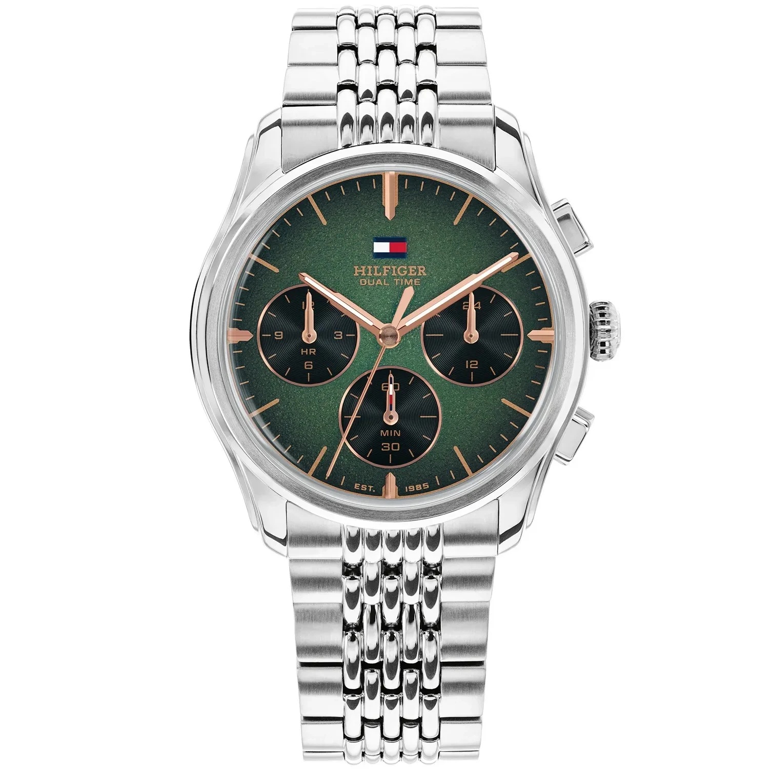 TOMMY HILFIGER Bryant Dual Time Green Dial 38mm Silver Stainless Steel Bracelet 1710813 - 