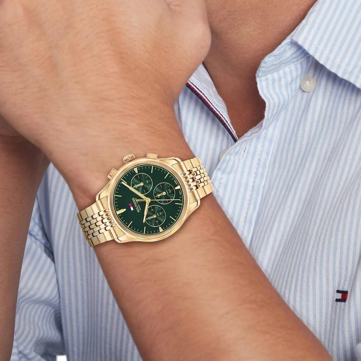 TOMMY HILFIGER Bryant Dual Time Green Dial 38mm Gold Stainless Steel Bracelet 1710814 - 