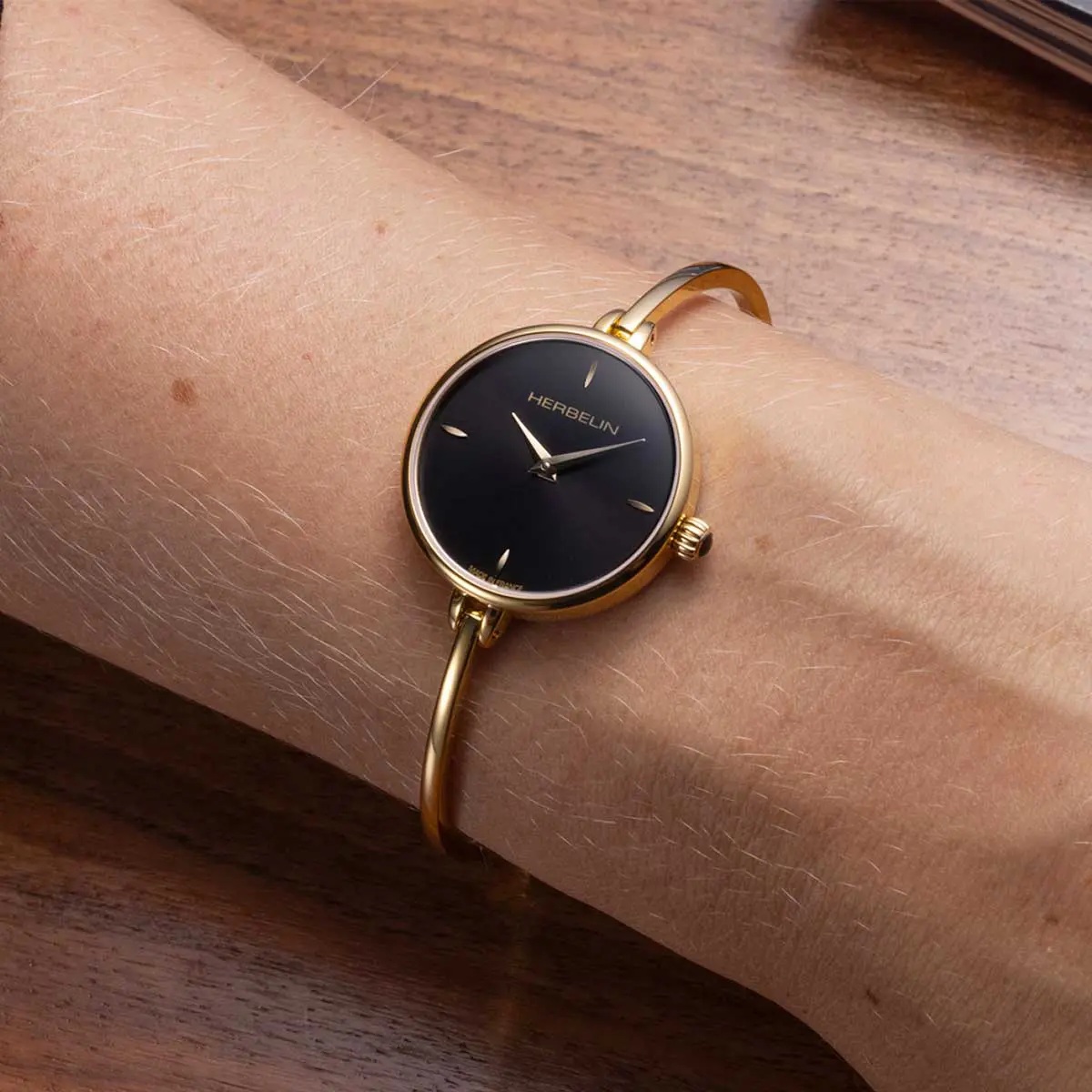 HERBELIN Fil Lady Black Dial 26mm Gold Stainless Steel Bangle Bracelet 17206BP14 - 