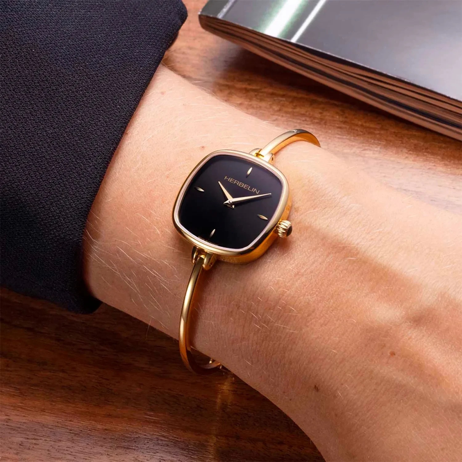 HERBELIN Fil Lady Square Black Dial 26mm Gold Stainless Steel Bangle Bracelet 17207BP14 - 