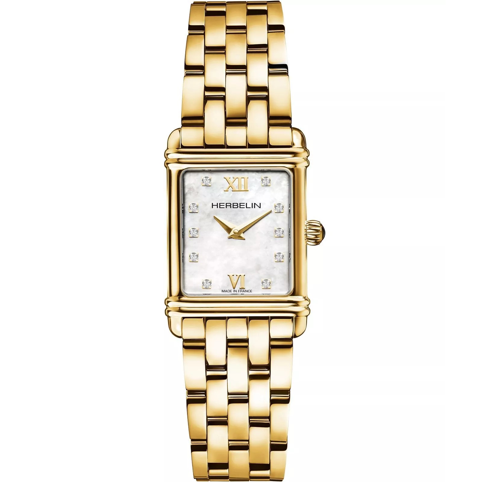 HERBELIN Art Deco Lady White Pearl Square Dial 24mm Gold Stainless Steel Bracelet 17478BP59 - 