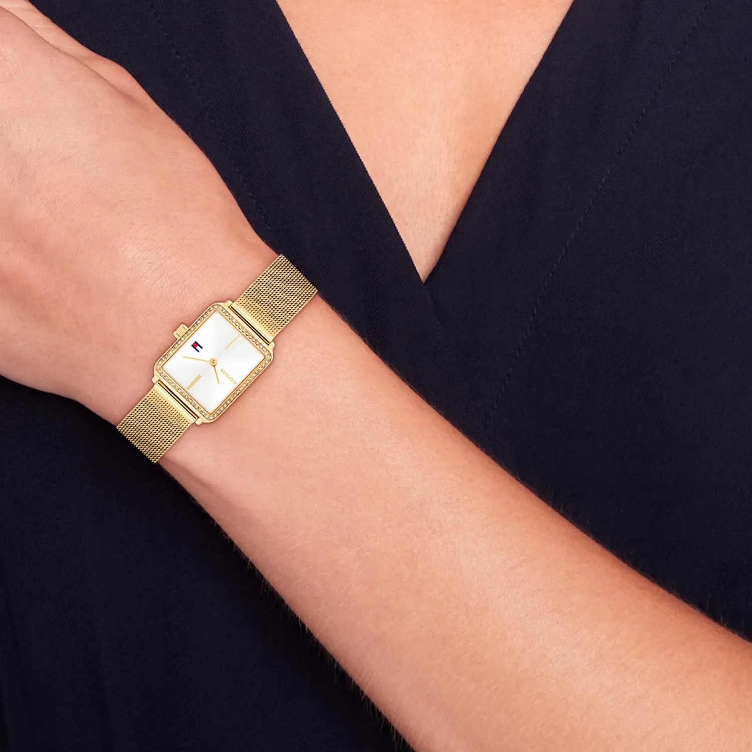 TOMMY HILFIGER Tea Crystals White Dial 21mm Gold Stainless Steel Mesh Bracelet 1782829 - 