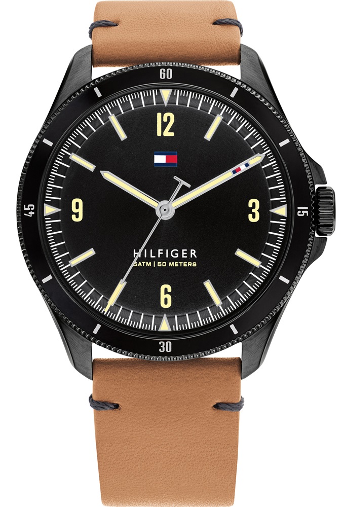 TOMMY HILFIGER Maverick Three Hands 44mm Black Stainless Steel Brown Leather Strap 1791906 - 