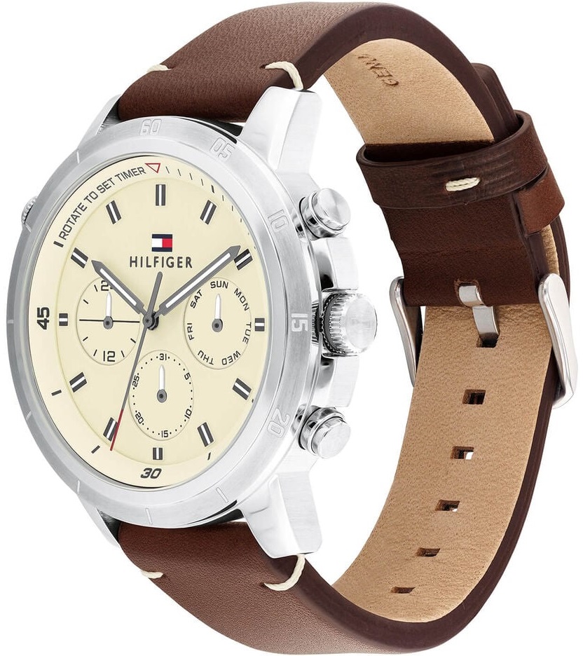 TOMMY HILFIGER Troy Multifunction Beige Dial 46mm Silver Stainless Steel Brown Leather Strap 1792102 - 