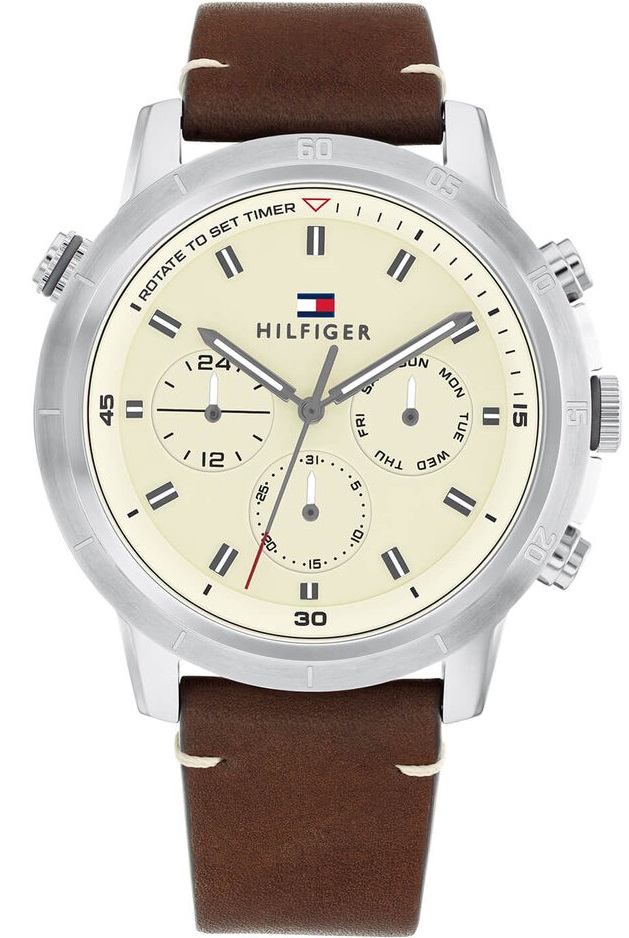 TOMMY HILFIGER Troy Multifunction Beige Dial 46mm Silver Stainless Steel Brown Leather Strap 1792102 - 