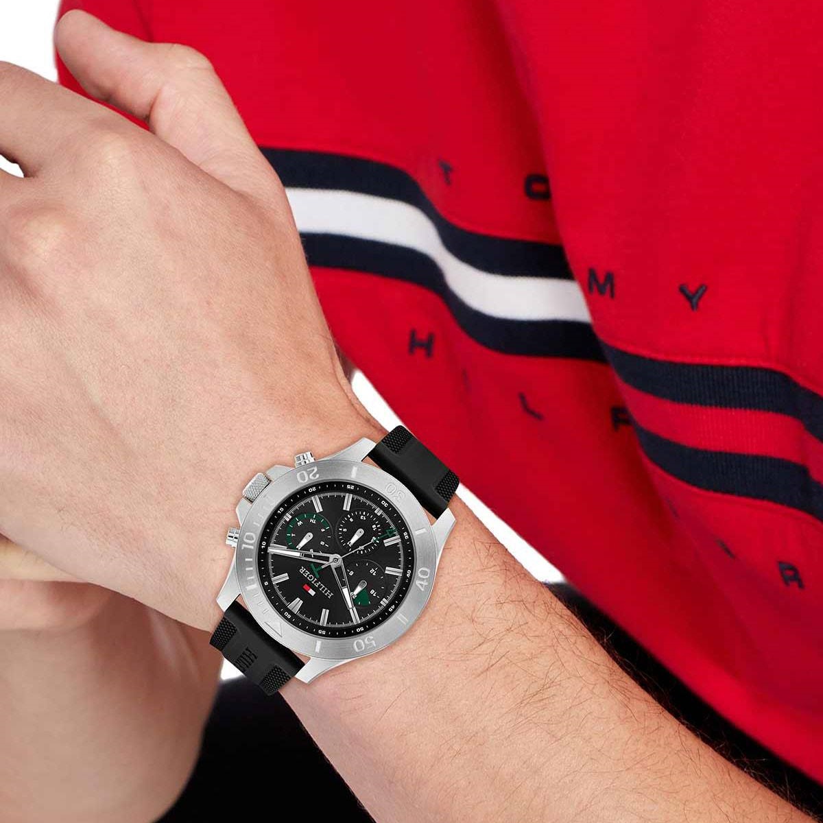 TOMMY HILFIGER Bryan Multifunction Black Dial 46mm Silver Stainless Steel Black Rubber Strap 1792111 - 
