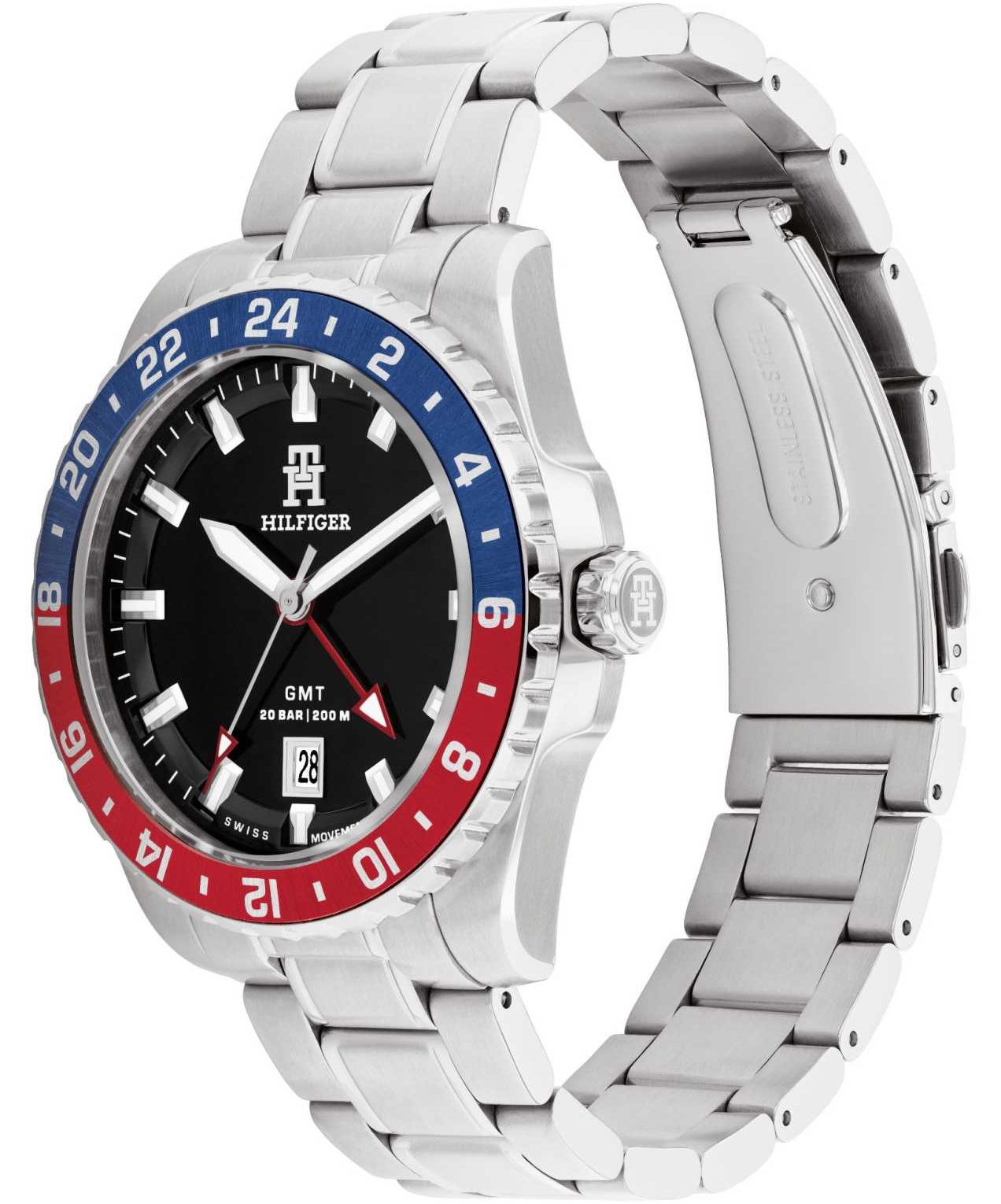 TOMMY HILFIGER TH85 GMT Pepsi Swiss Made Black Dial 42mm Silver Stainless Steel Bracelet 1792131 - 