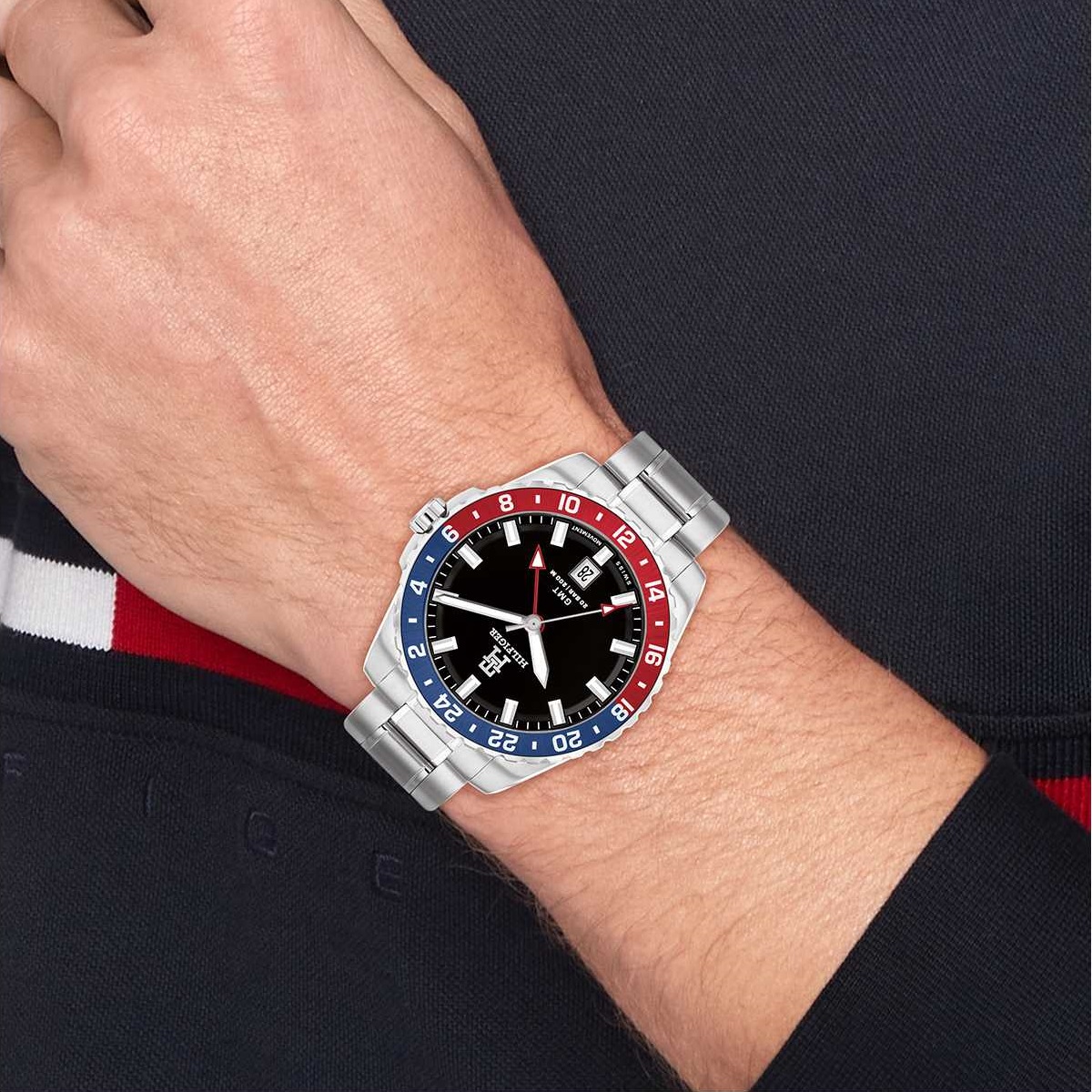 TOMMY HILFIGER TH85 GMT Pepsi Swiss Made Black Dial 42mm Silver Stainless Steel Bracelet 1792131 - 4