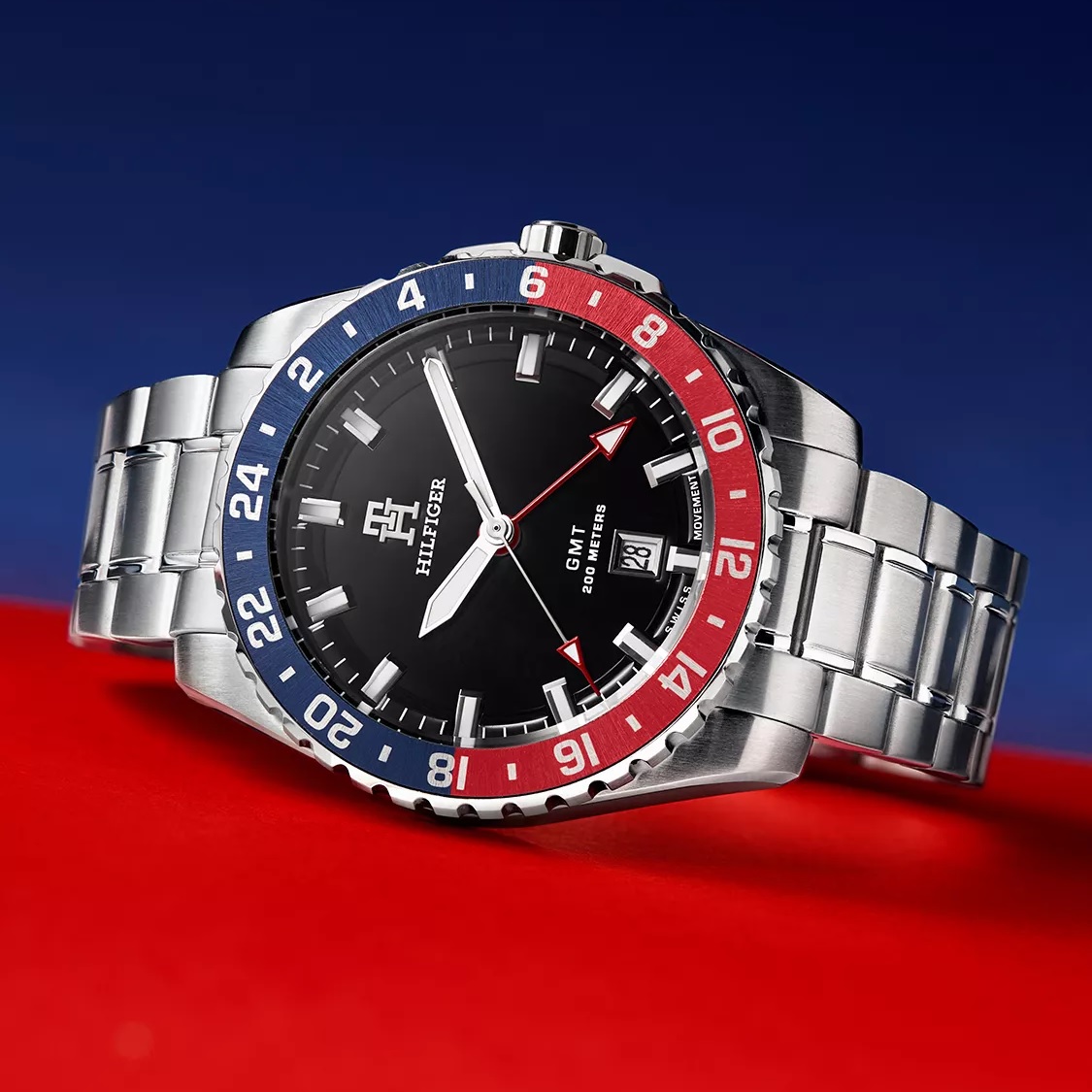 TOMMY HILFIGER TH85 GMT Pepsi Swiss Made Black Dial 42mm Silver Stainless Steel Bracelet 1792131 - 5