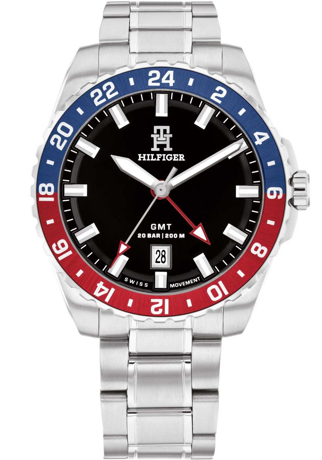 TOMMY HILFIGER TH85 GMT Pepsi Swiss Made Black Dial 42mm Silver Stainless Steel Bracelet 1792131 - 