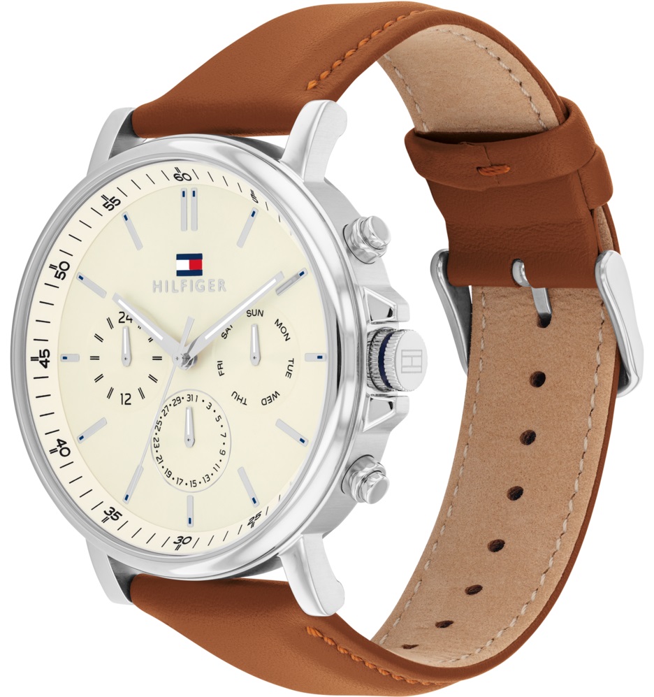 TOMMY HILFIGER Tyson Multifunction Beige Dial 44mm Silver Stainless Steel Brown Leather Strap 1792143 - 