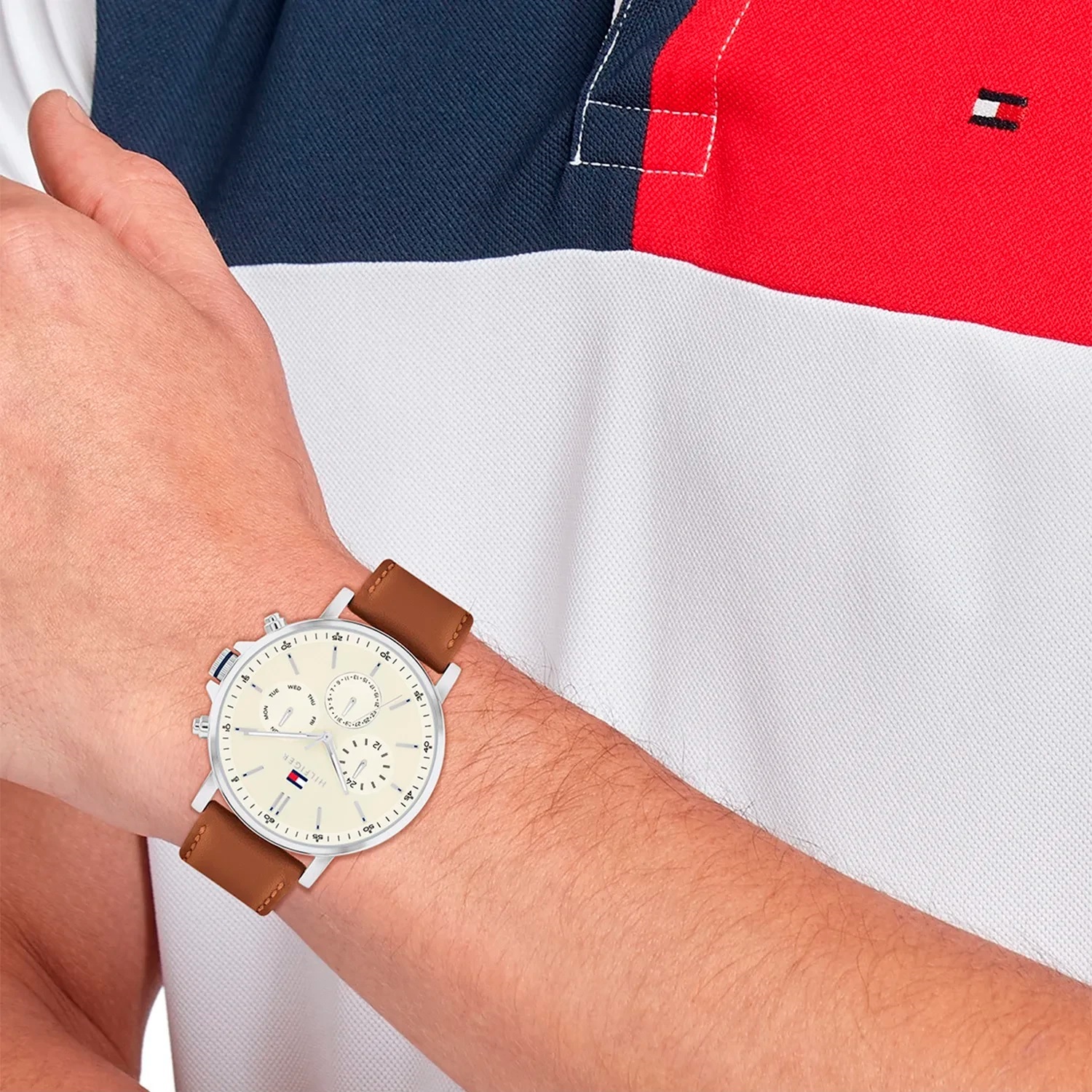 TOMMY HILFIGER Tyson Multifunction Beige Dial 44mm Silver Stainless Steel Brown Leather Strap 1792143 - 4
