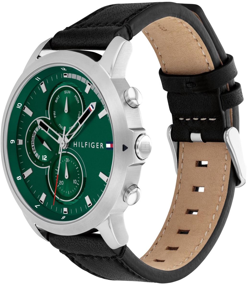 TOMMY HILFIGER Jameson Multifunction Green Dial 46mm Silver Stainless Steel Black Leather Strap 1792151 - 