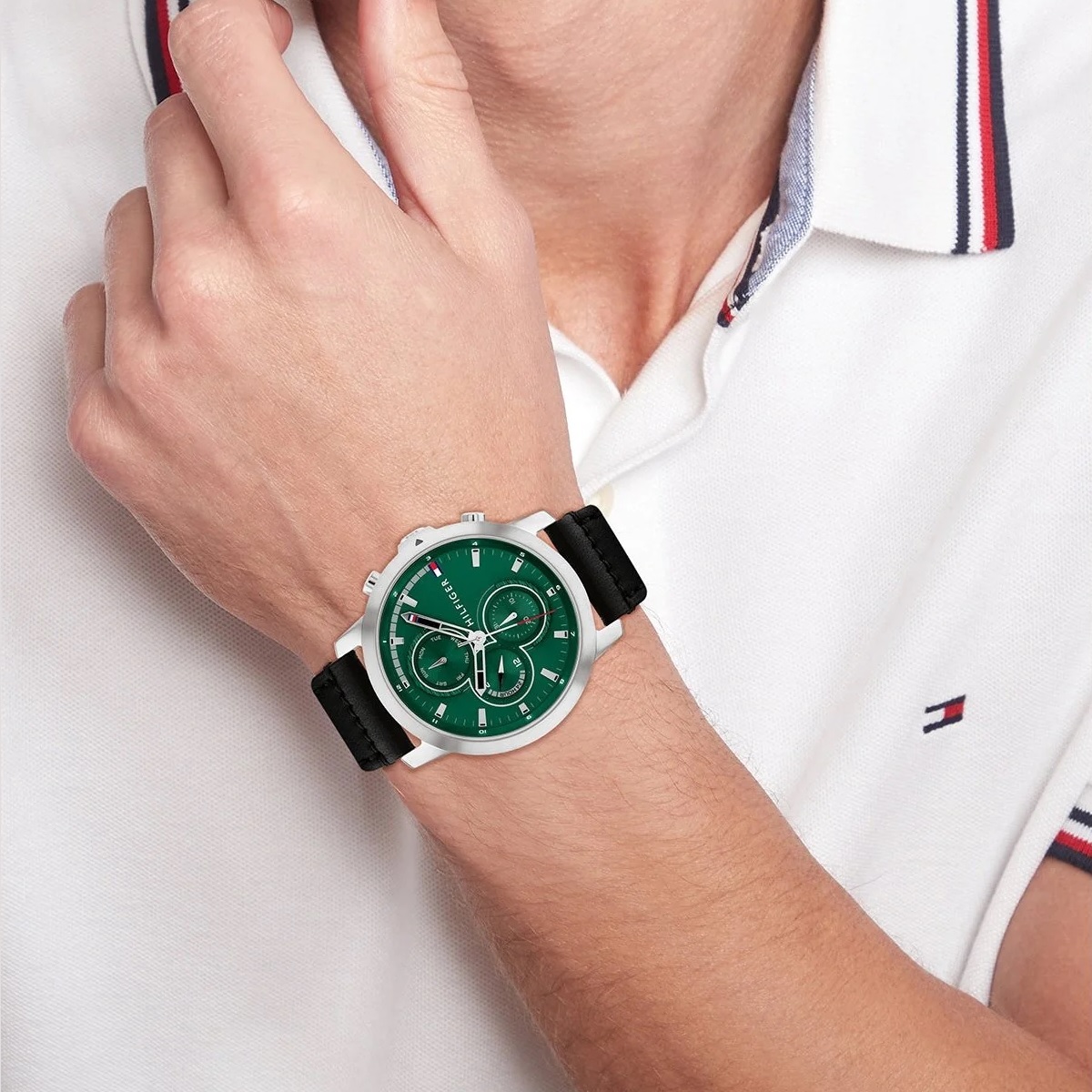 TOMMY HILFIGER Jameson Multifunction Green Dial 46mm Silver Stainless Steel Black Leather Strap 1792151 - 4