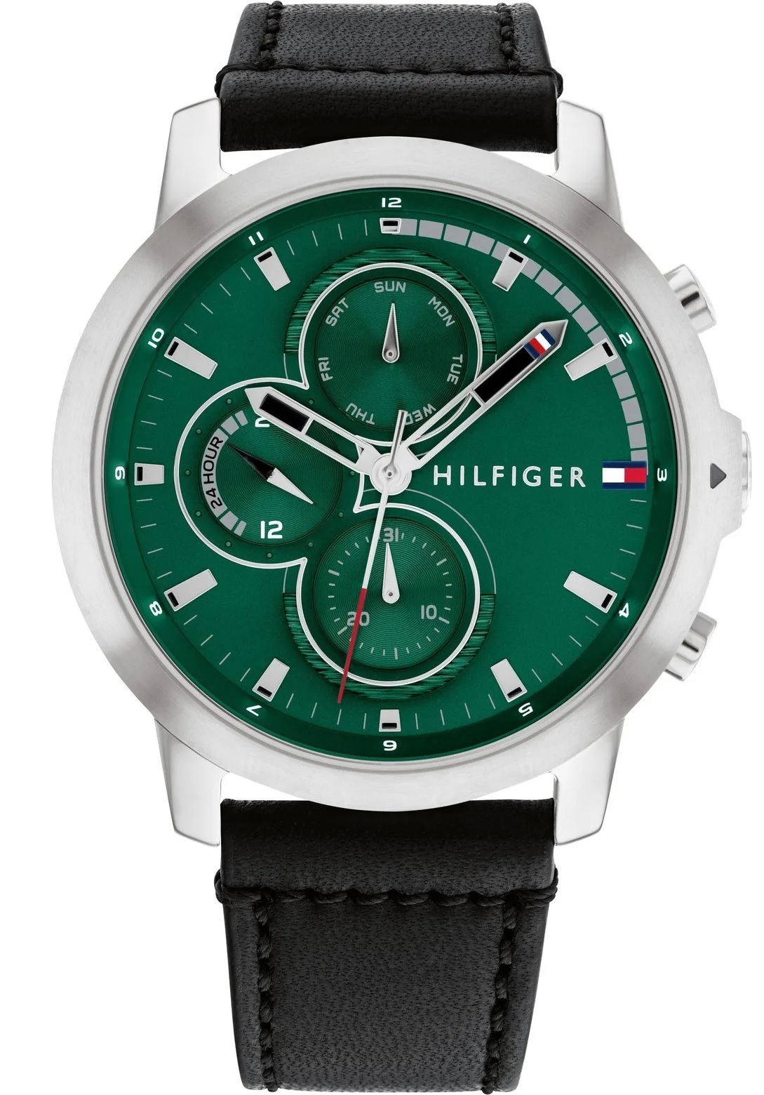 TOMMY HILFIGER Jameson Multifunction Green Dial 46mm Silver Stainless Steel Black Leather Strap 1792151 - 