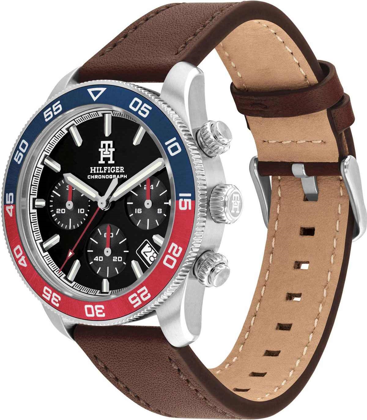 TOMMY HILFIGER TH85 Chronograph Black Dial 41mm Silver Stainless Steel Brown Leather Strap 1792166 - 