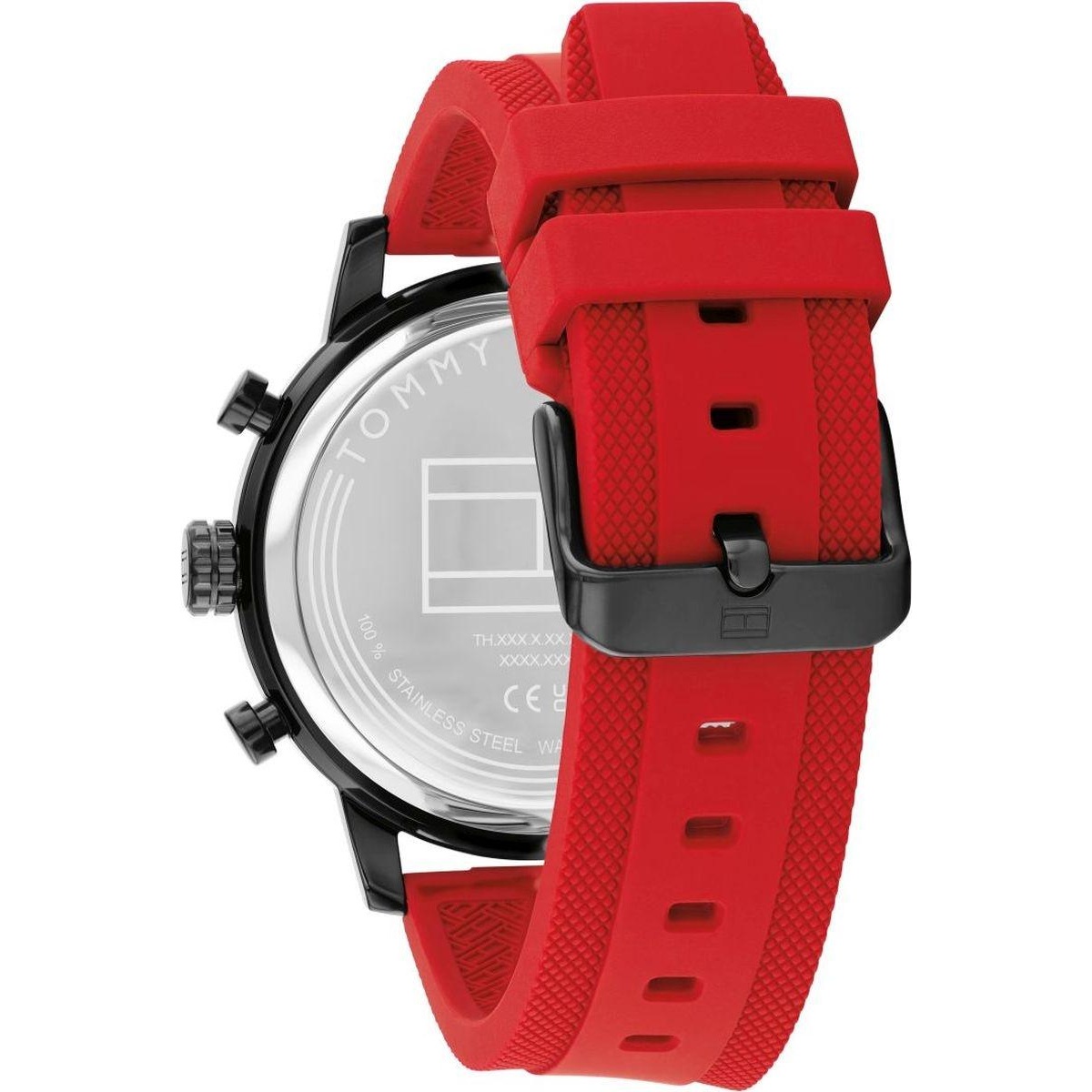 TOMMY HILFIGER Rocky Multifunction Black Dial 46mm Black Stainless Steel Red Rubber Strap 1792178 - 