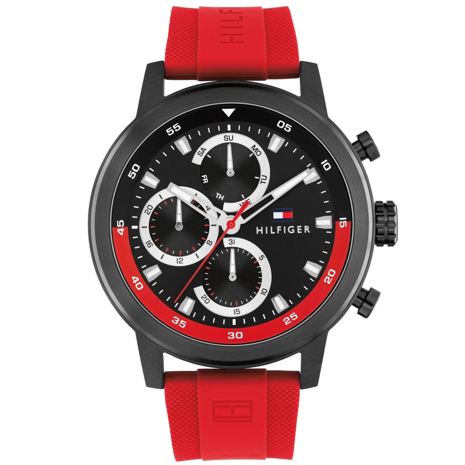 TOMMY HILFIGER Rocky Multifunction Black Dial 46mm Black Stainless Steel Red Rubber Strap 1792178 - 