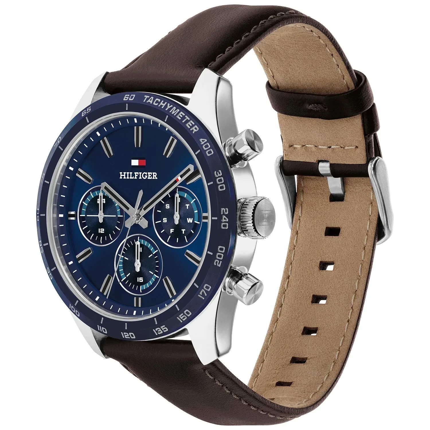 TOMMY HILFIGER Hampton Multifunction Blue Dial 42mm Silver Stainless Steel Brown Leather Strap 1792276 - 3