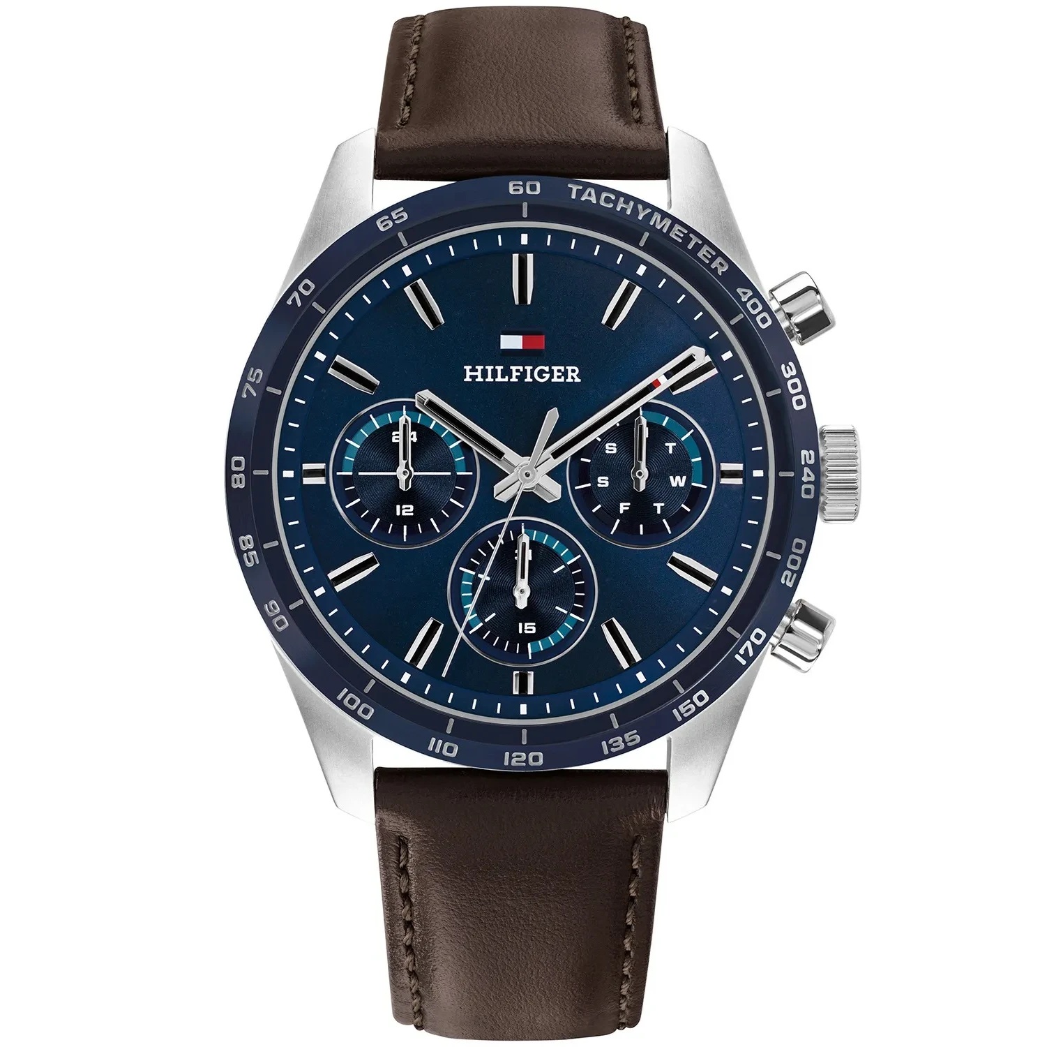 TOMMY HILFIGER Hampton Multifunction Blue Dial 42mm Silver Stainless Steel Brown Leather Strap 1792276 - 