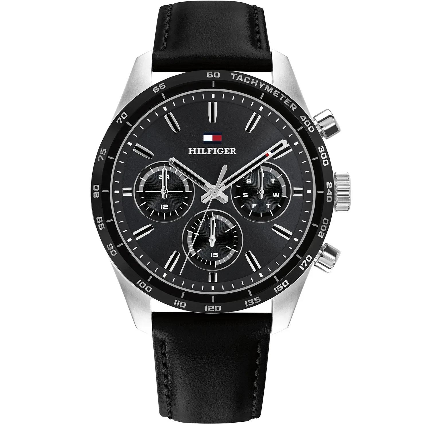 TOMMY HILFIGER Hampton Multifunction Black Dial 42mm Silver Stainless Steel Black Leather Strap 1792277 - 