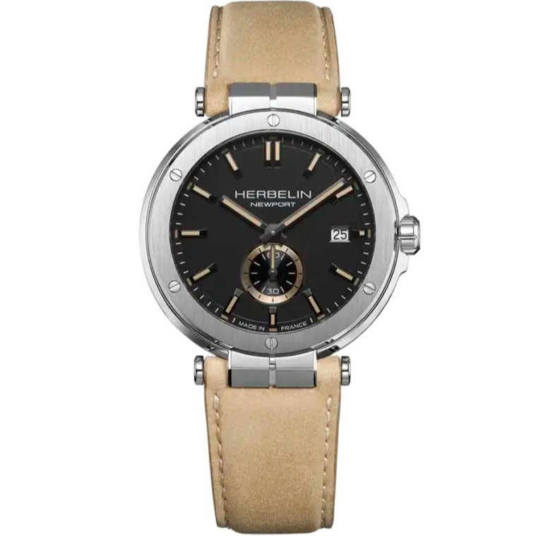 HERBELIN Newport Gent Black Dial 40.5mm Silver Stainless Steel Beige Leather Strap 18389A24SA - 
