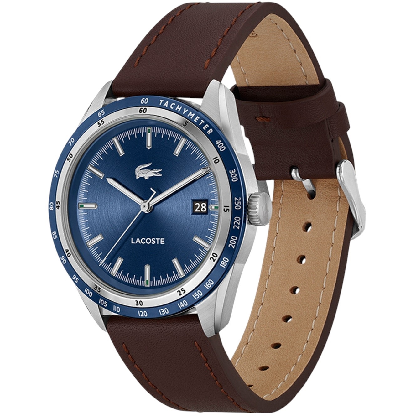 LACOSTE Everett Blue Dial 40mm Silver Stainless Steel Brown Leather Strap 2011310 - 