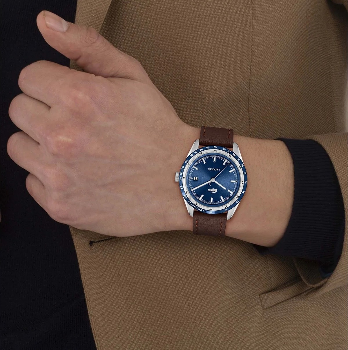 LACOSTE Everett Blue Dial 40mm Silver Stainless Steel Brown Leather Strap 2011310 - 4