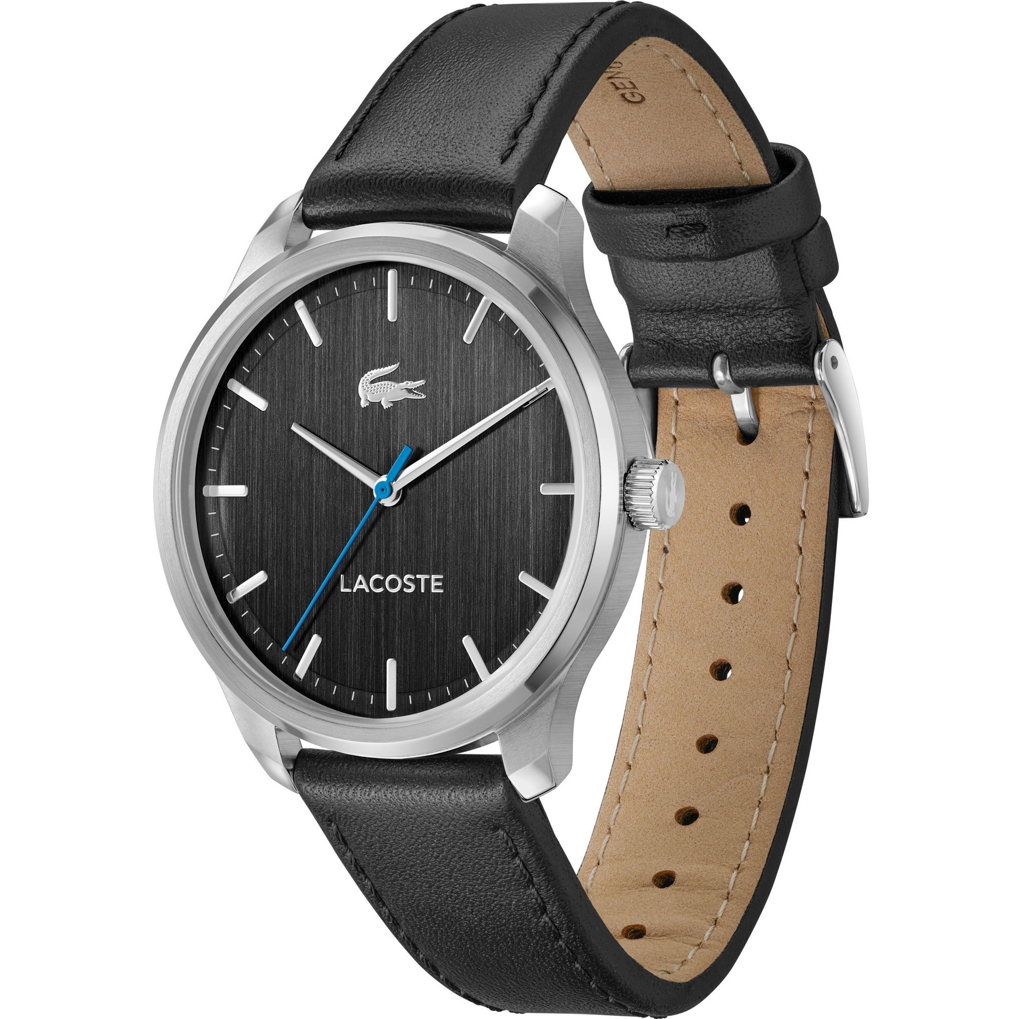 LACOSTE Lisbon Black Dial 42mm Silver Stainless Steel Black Leather Strap 2011372 - 