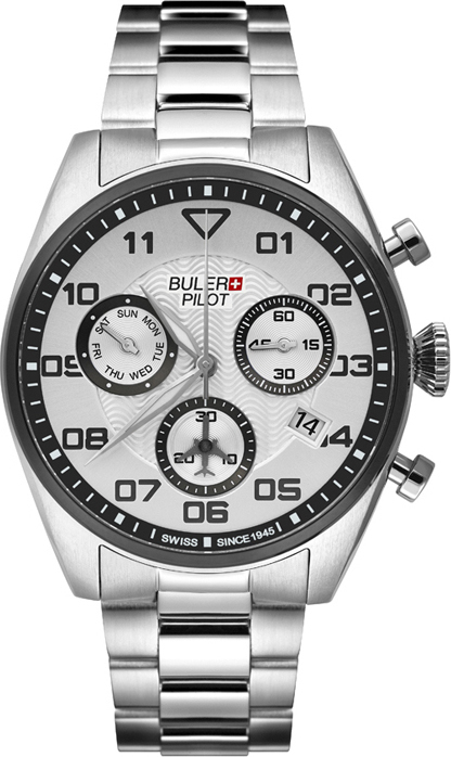 BULER Pilot Chronograph 43mm Silver Stailess Steel Bracelet SP03CB01 - 