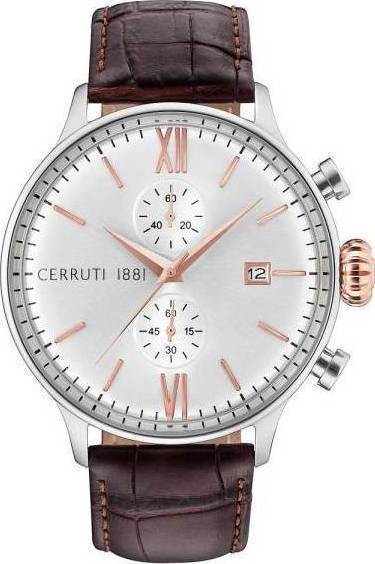 CERRUTI 1881 Dervio Chronograph 45mm Silver Stainless Steel Brown Leather Strap CRA178SN04BR - 