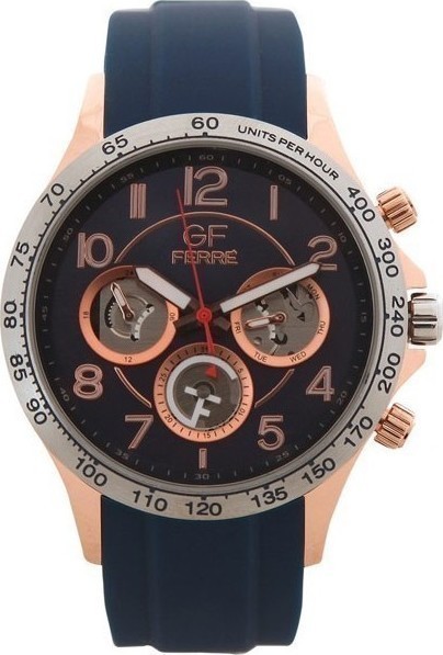 GF FERRE Multifunction 44mm Rose Gold Stainless Steel Bracelet Blue Silicone Strap GFBU1405 - 