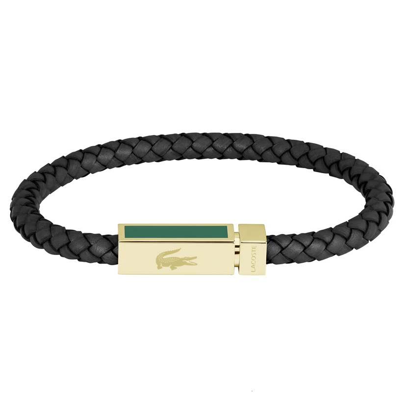 BRACELET For Him LACOSTE Gold-Plated Stainless Steel with Black Leather 2040451 - 