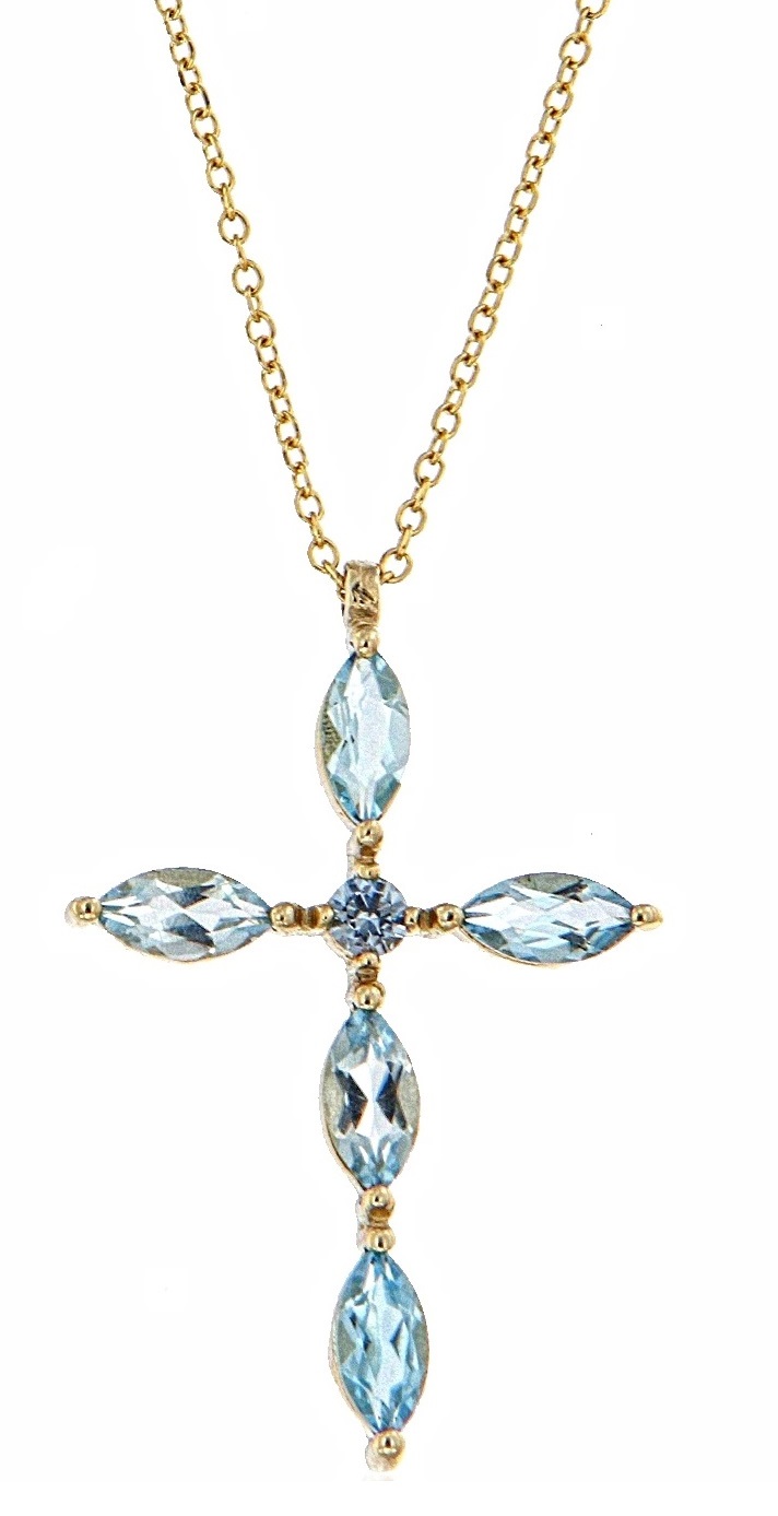 CROSS with Blue Topaz and Brilliant Diamonds in Yellow Gold K18 with Chain 20619-1 - 