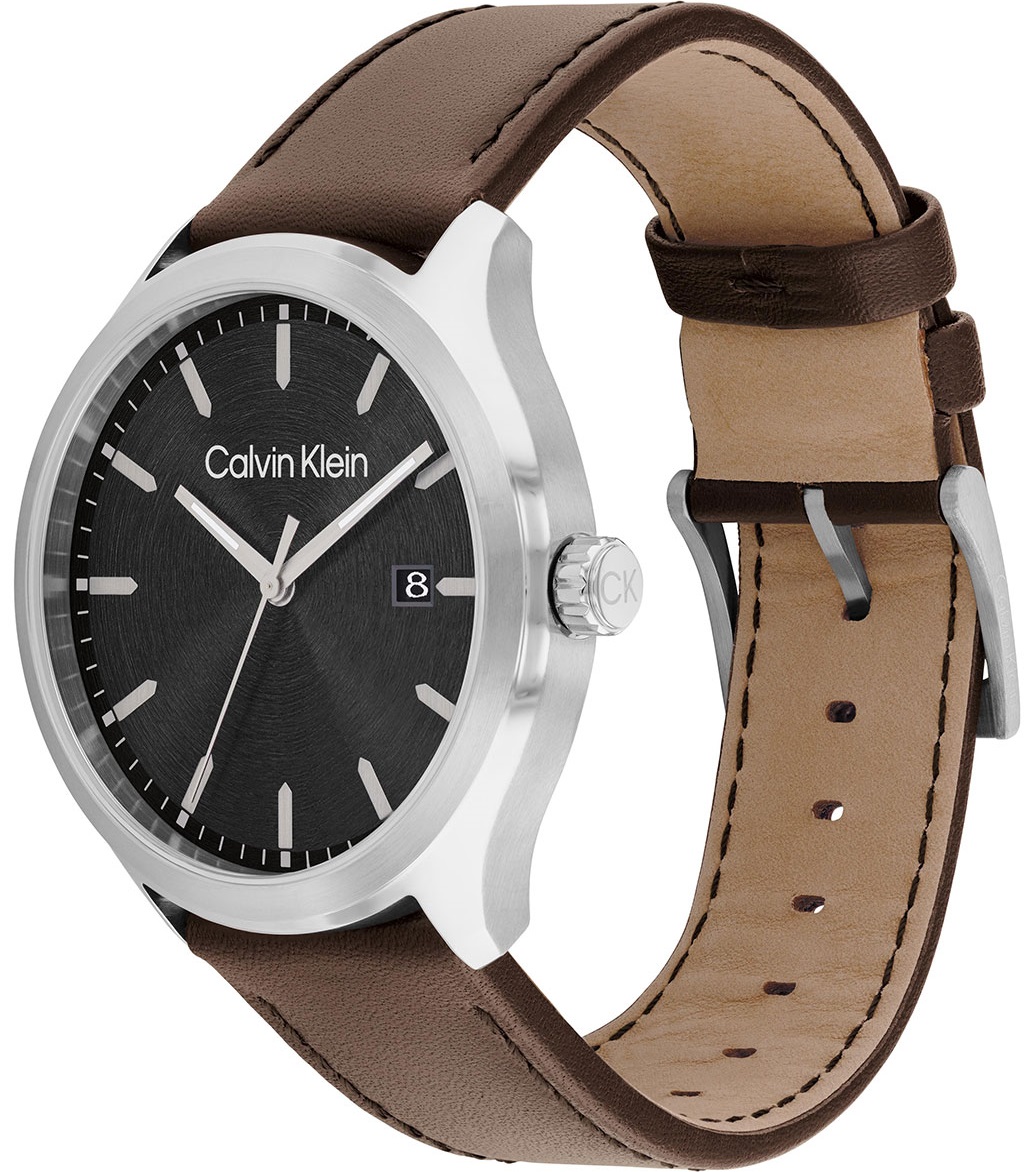 CALVIN KLEIN Define Black 43mm Silver Stainless Steel Brown Leather Strap 25200354 - 