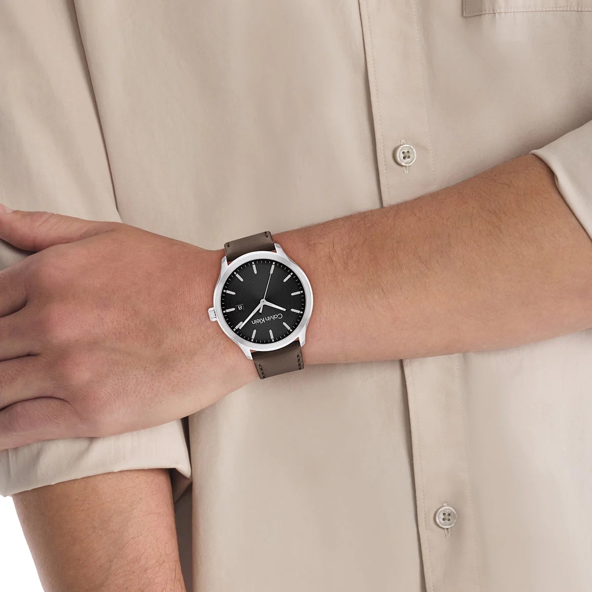 CALVIN KLEIN Define Black 43mm Silver Stainless Steel Brown Leather Strap 25200354 - 4