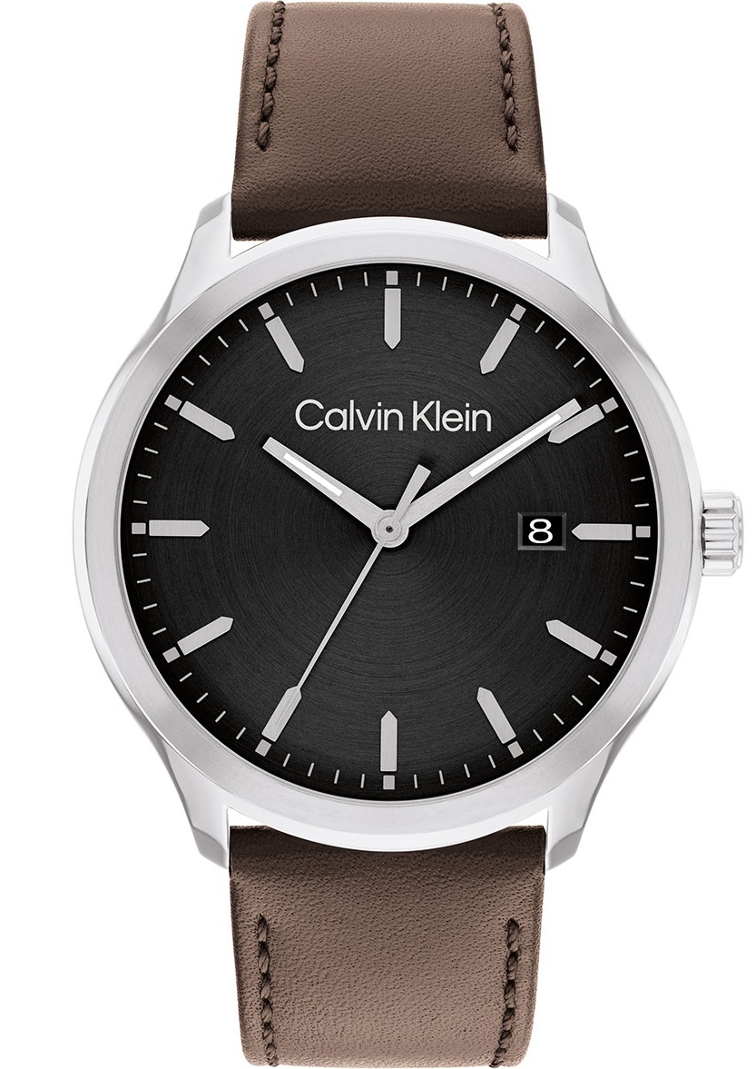 CALVIN KLEIN Define Black 43mm Silver Stainless Steel Brown Leather Strap 25200354 - 