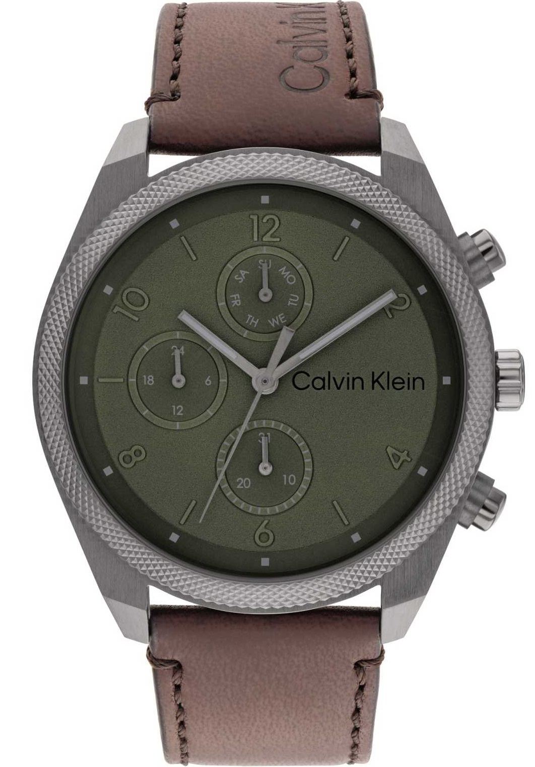CALVIN KLEIN Impact Green Multifunction 44mm Grey Stainless Steel Brown Leather Strap 25200363 - 