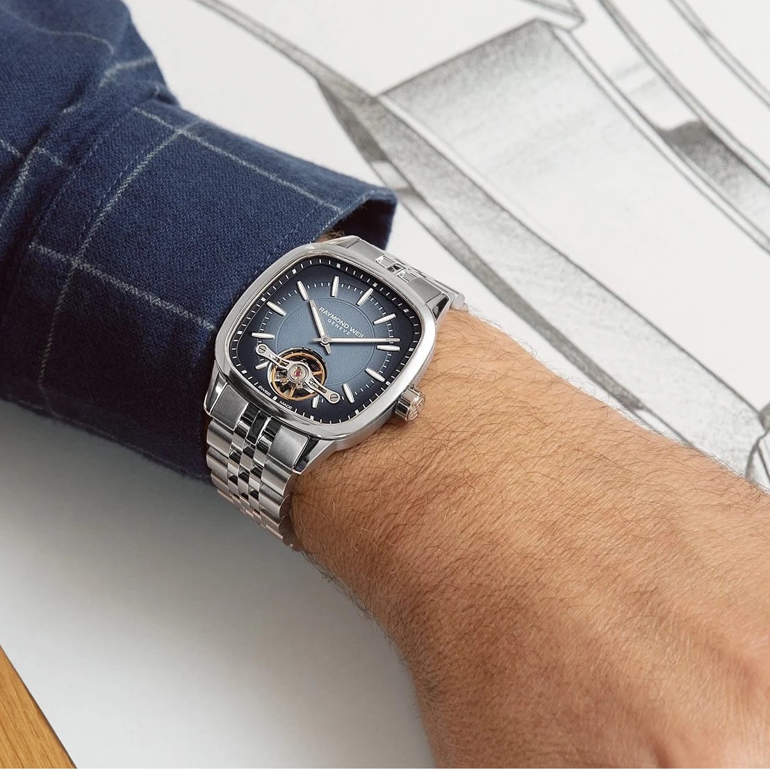 RAYMOND WEIL Freelancer Cushion Open Aperture Automatic Blue Dial 40 x 40mm Silver Stainless Steel Bracelet 2790-ST-50051 - 5