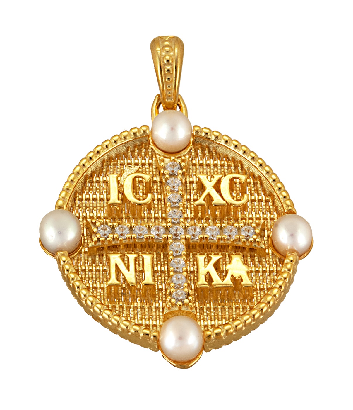 ΚΩΝΣΤΑΝΤΙΝΑΤΟ Βυζαντινό Διπλής Όψης SENZIO Collection από Κ9 Κίτρινο Χρυσό με Μαργαριτάρια και Ζιργκόν 364Y.K9 - 2